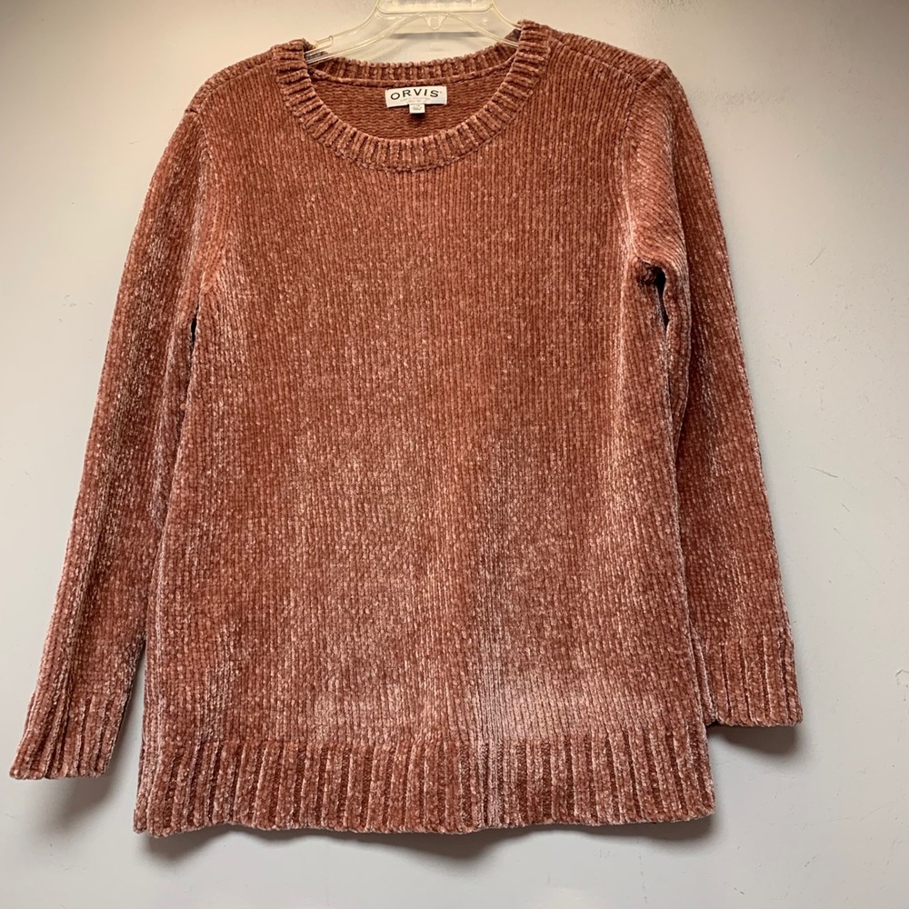 Orvis Sweater Womens Large Pink Excellent Chenille Knit Crew Neck Long Sleeve